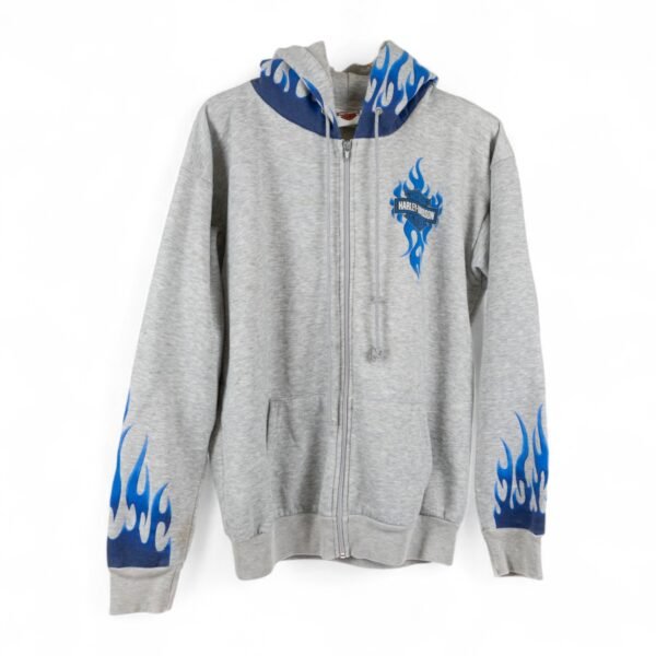 Y2k Blue Flame Heather Gray Harley Davidson Hoodie - L